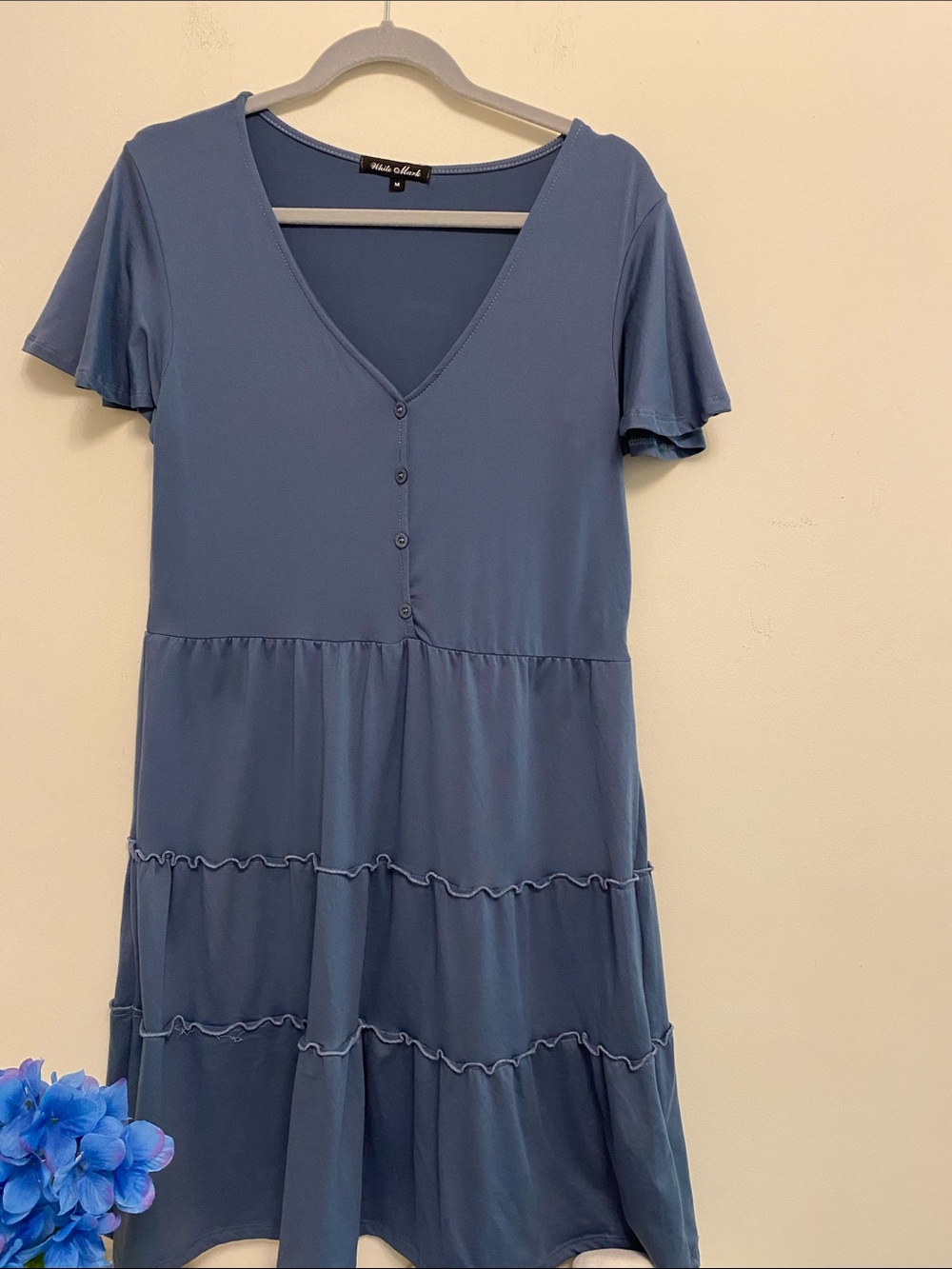 White Mark Dusty Blue V-Neck Button Tiered Mini Dress